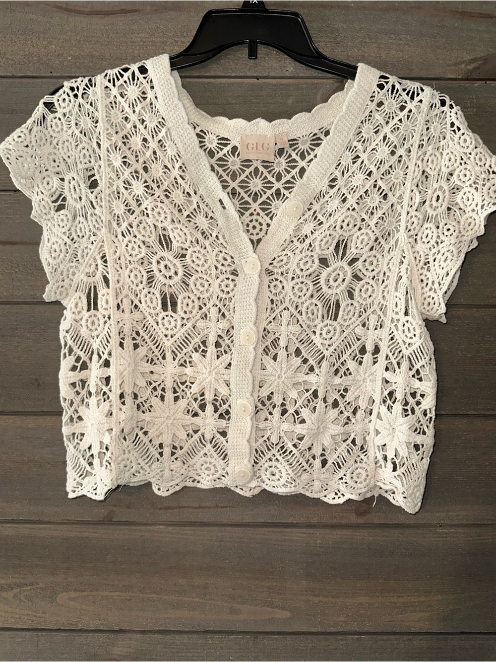 GOOD LUCK GEM Cream Crochet Button-Front Short Sleeve Cardigan
